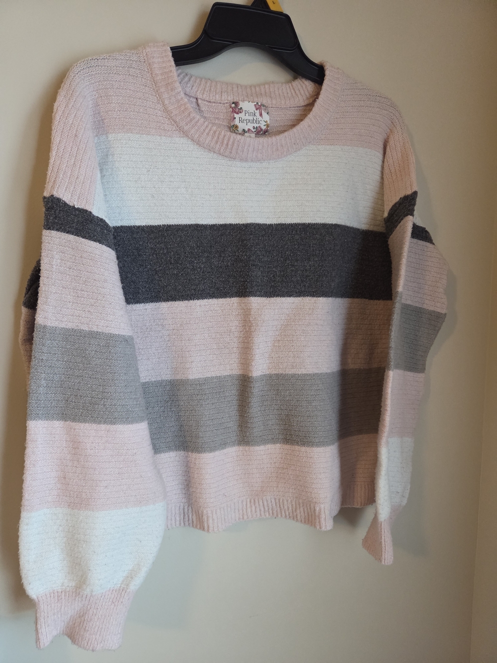 Pink Republic Pastel Pink, Gray & White Striped Knit Sweater